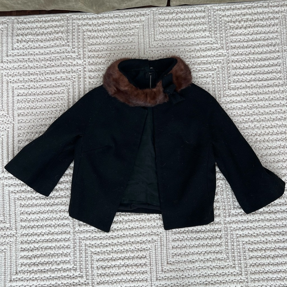 60s Lilli Ann Black Wool Boucle Mink Fur Collar Jacket & Blouse